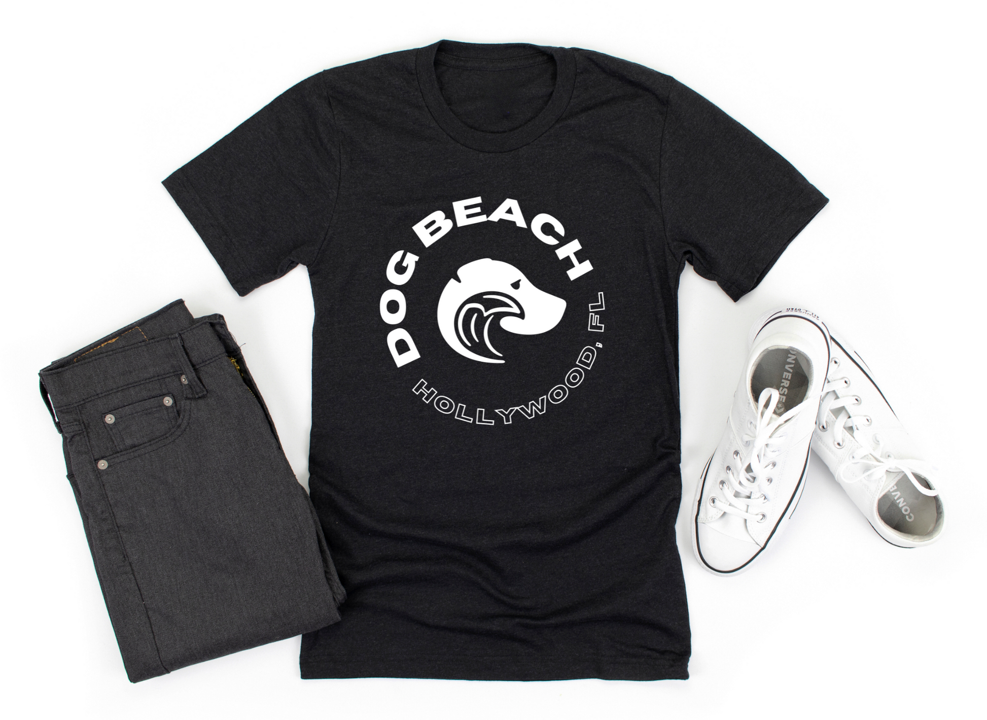 Hollywood Dog Beach T-Shirt Triblend Lay Flat Oufit